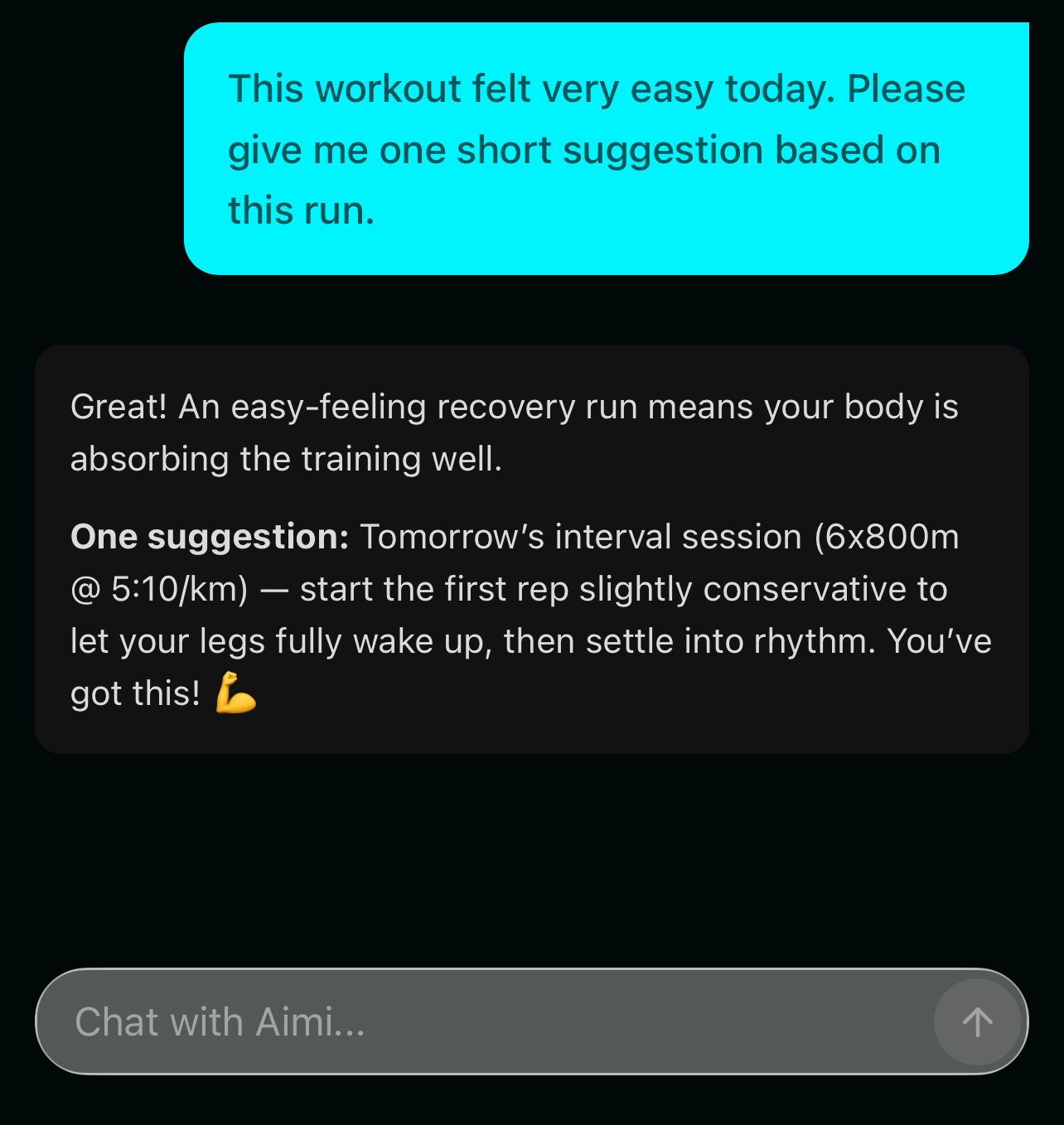 AimiRun chat with AI coach giving training advice after a run