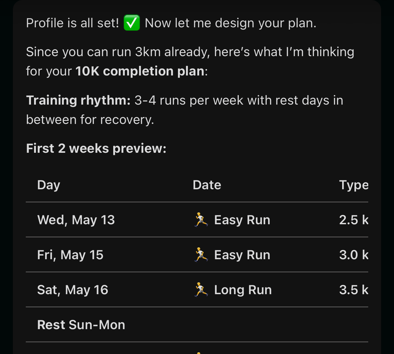 AimiRun AI training plan preview for a 10K completion program