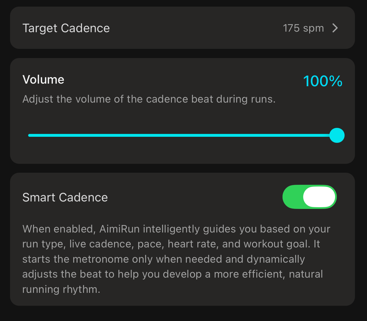 AimiRun smart cadence settings with target cadence and volume controls